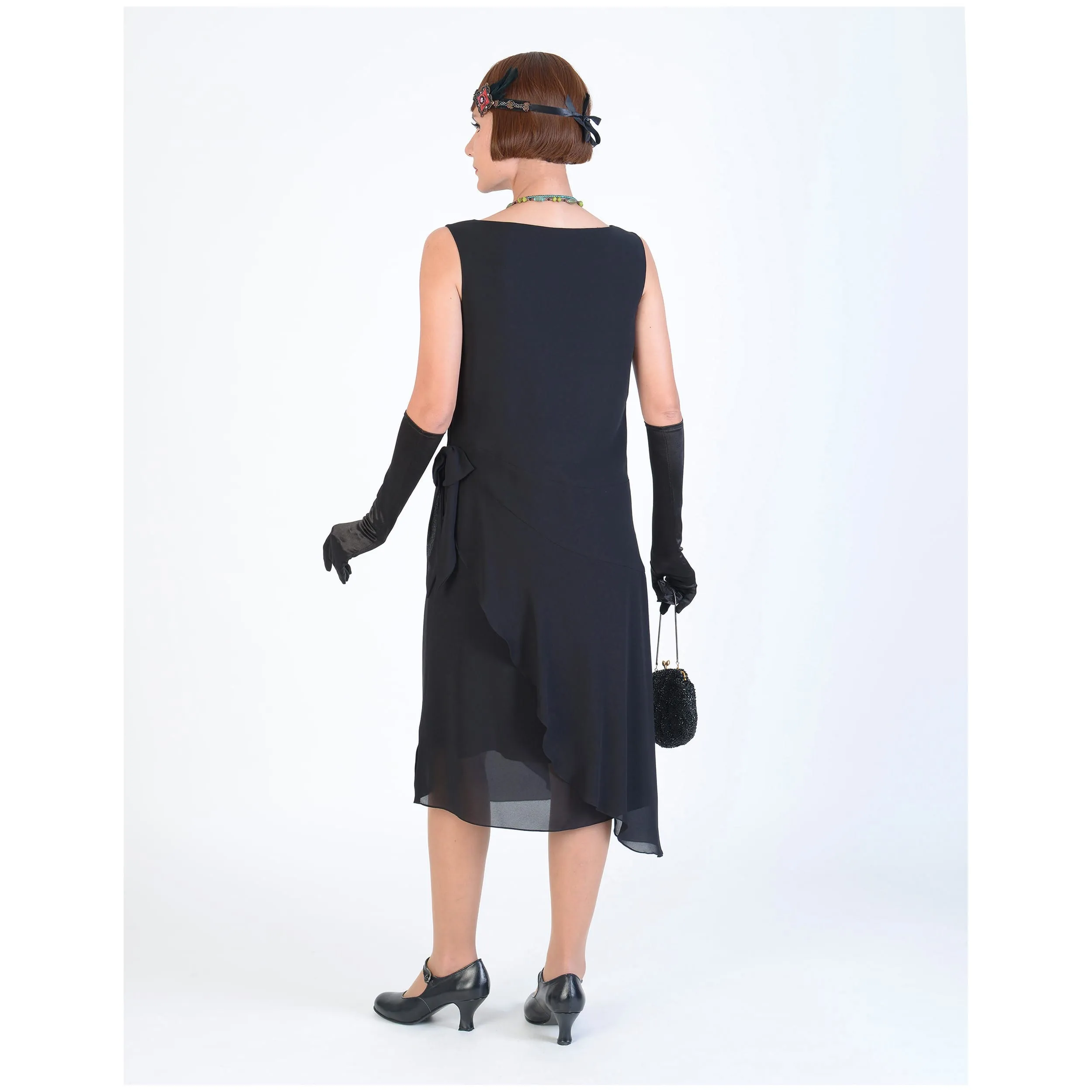 1920s Great Gatsby dress in black chiffon with a boat neck