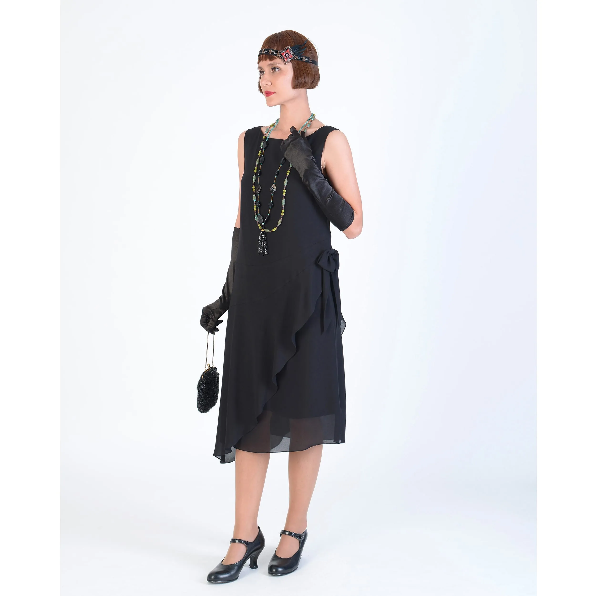 1920s Great Gatsby dress in black chiffon with a boat neck