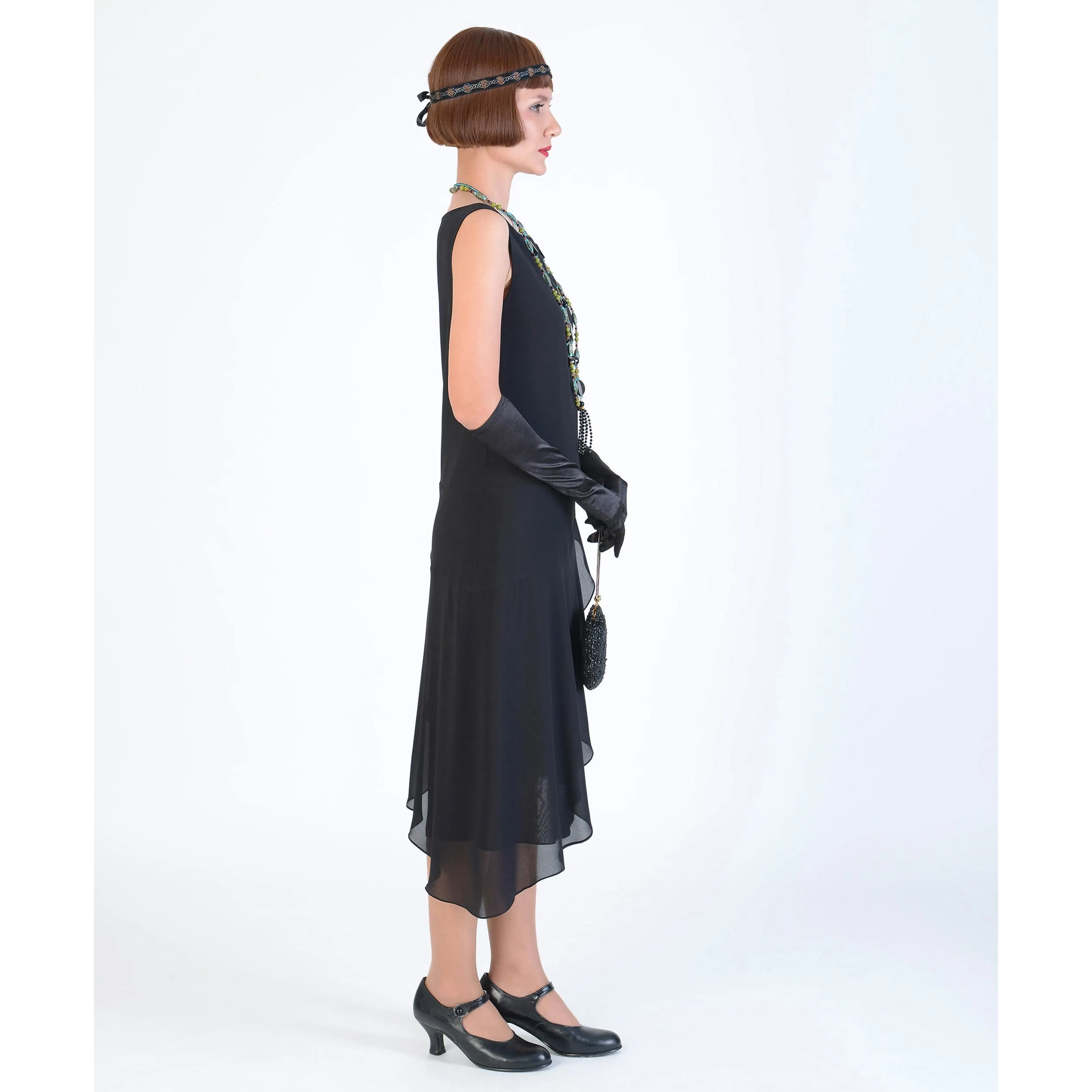 1920s Great Gatsby dress in black chiffon with a boat neck