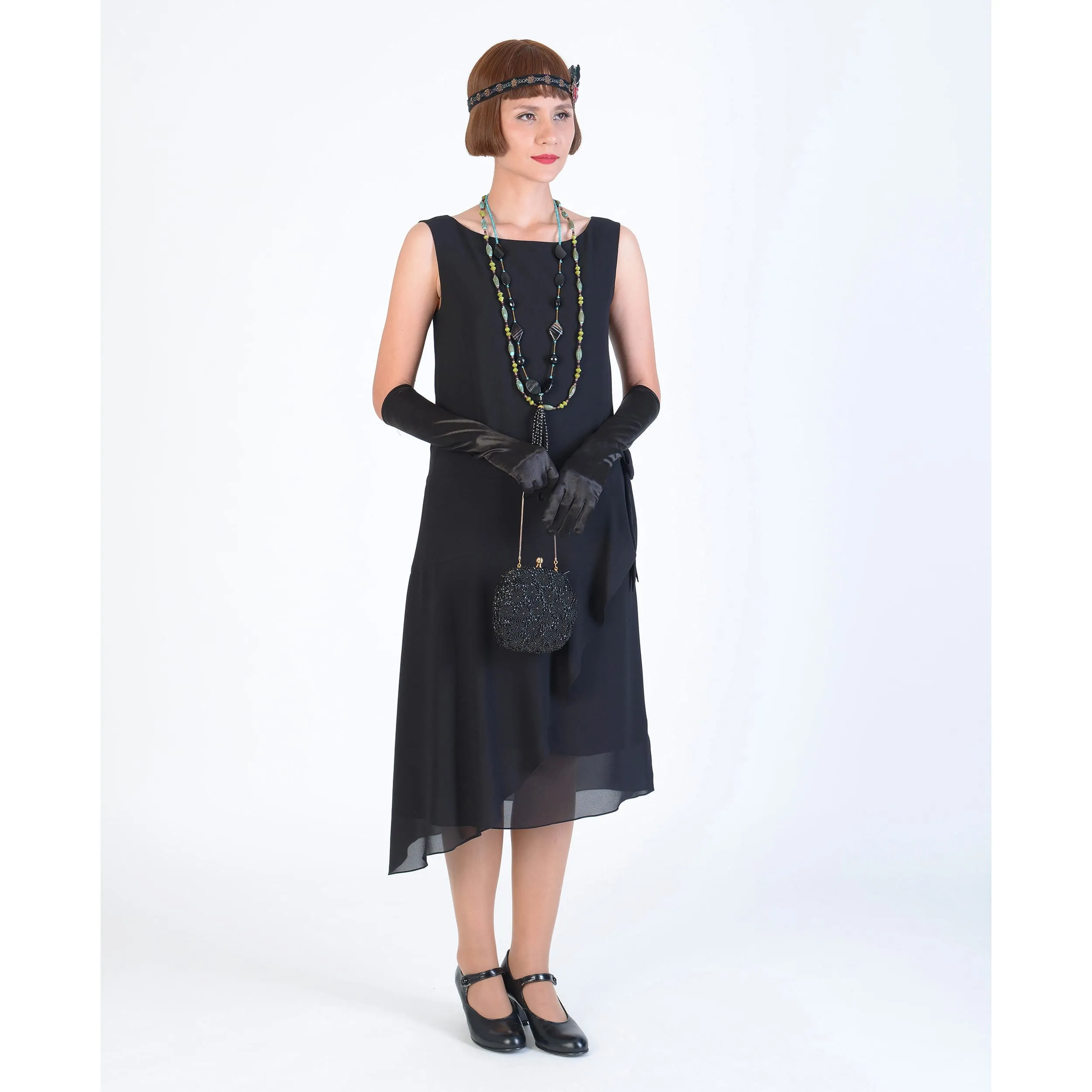 1920s Great Gatsby dress in black chiffon with a boat neck