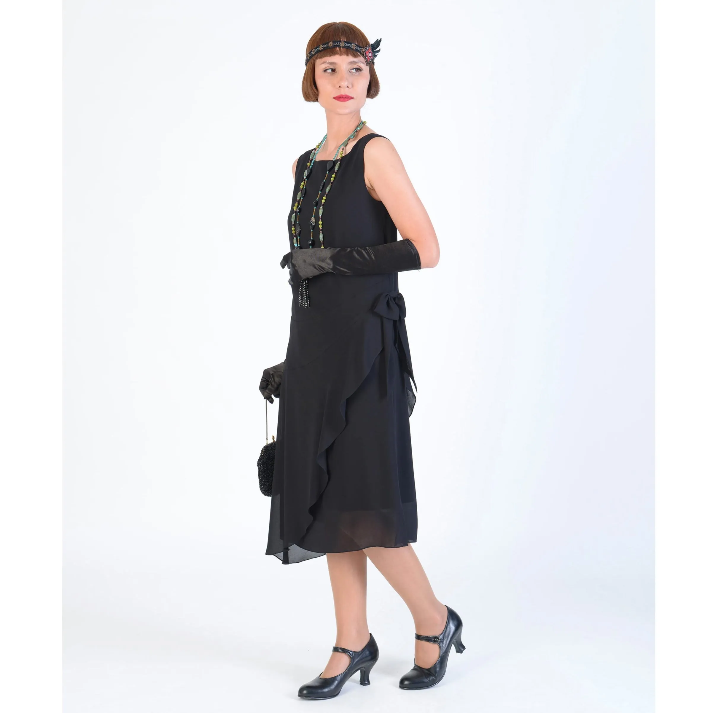 1920s Great Gatsby dress in black chiffon with a boat neck