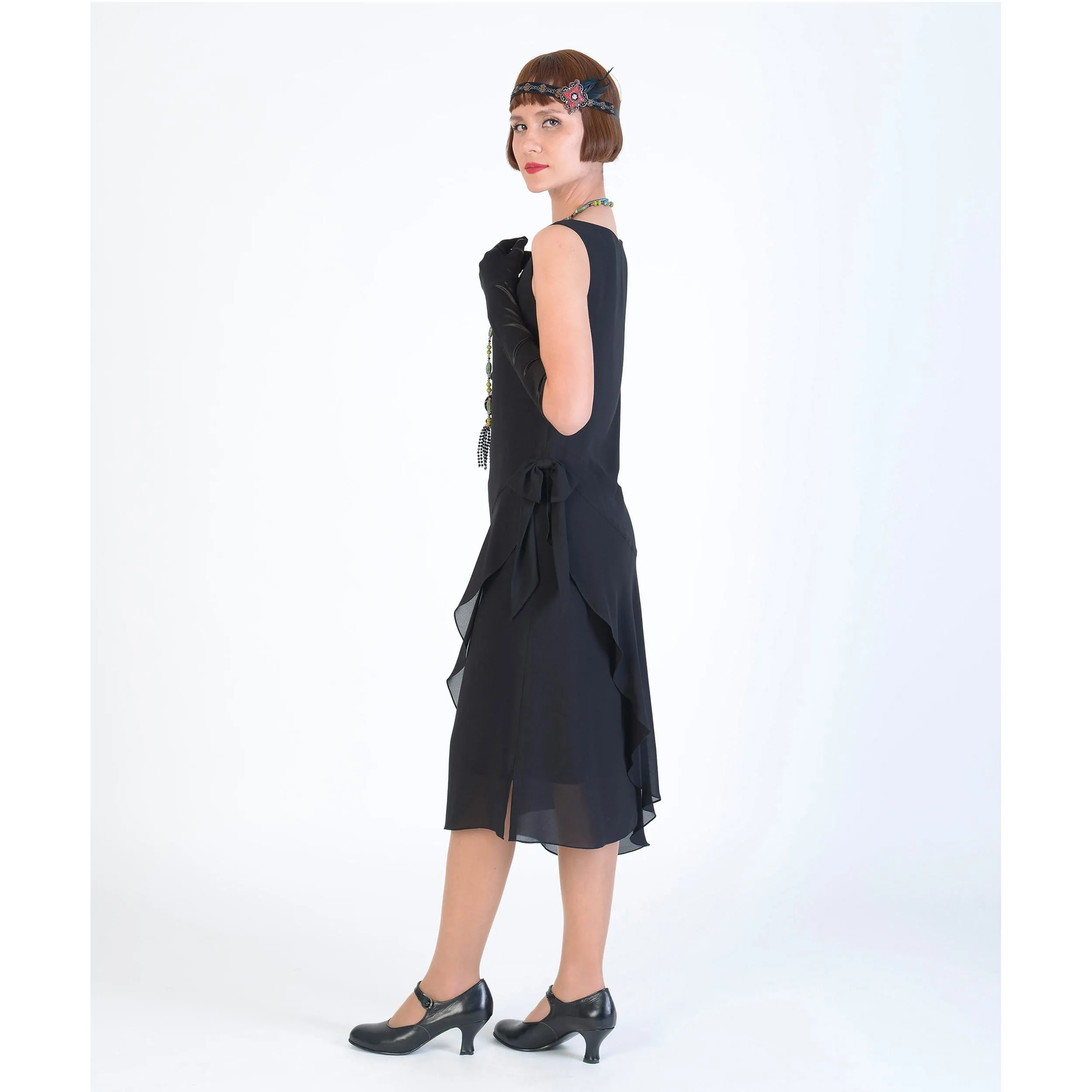 1920s Great Gatsby dress in black chiffon with a boat neck