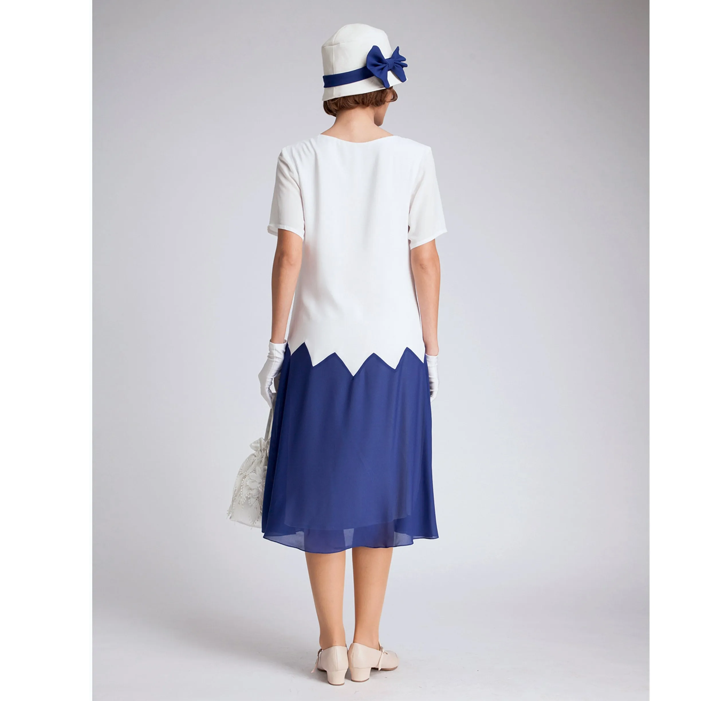 1920s-inspired dress in off-white & dark blue chiffon with zig zag details