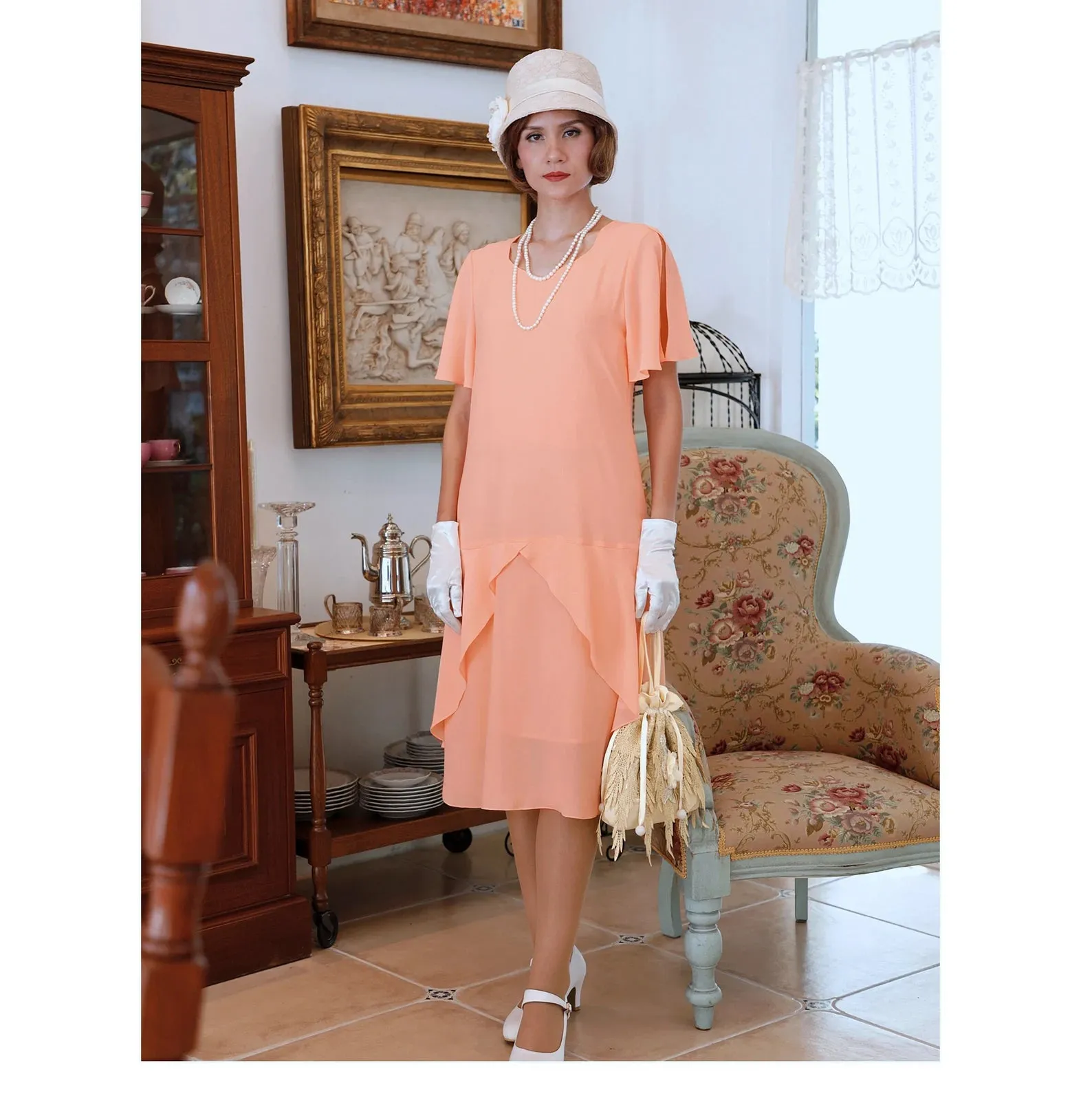 1920s summer tea dress in peach with sweetheart neckline