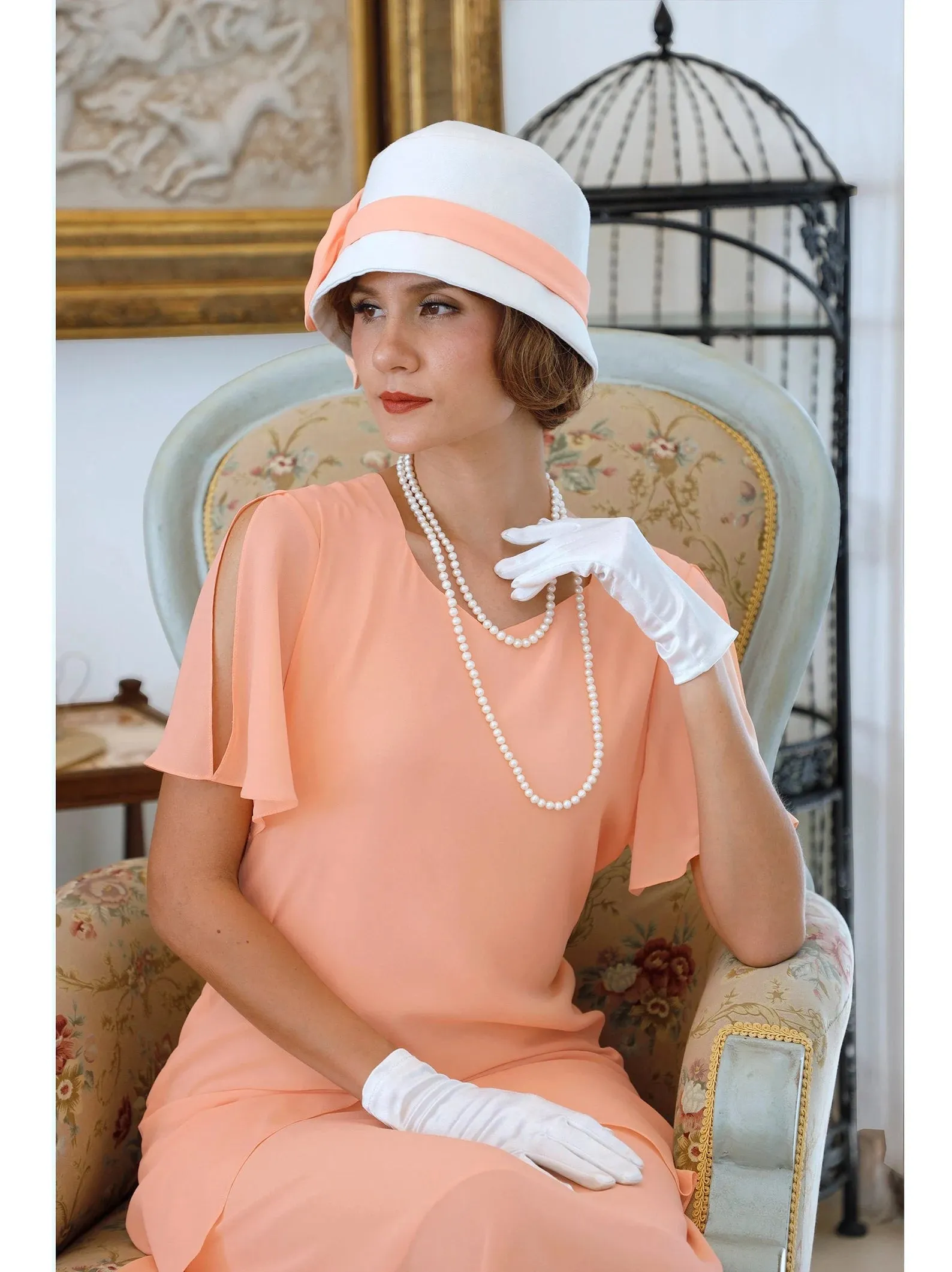 1920s summer tea dress in peach with sweetheart neckline