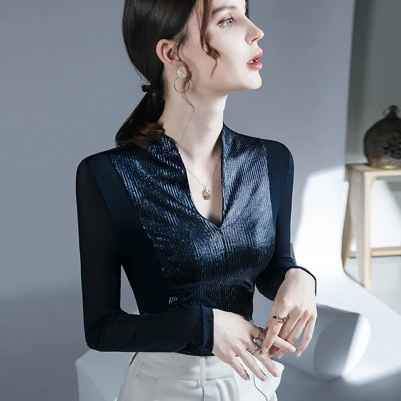 2024 مجموعة أروين التجارية ARWEN&AJH GROUP Retro Elegant Top Autumn And Winter New Inner Base Shirt Mesh Stitching Long Sleeve European Goods