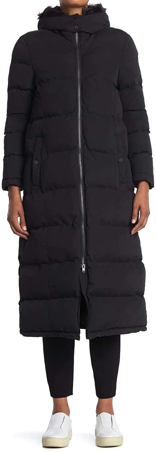 Andrew Marc Women's Full Length Coat Down, Alternative Puffer Jacket with Removable Faux Fur Trim Hood