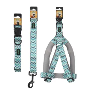 BASIL Padded Adjustable Pet Collar, 4 Ft Leash & Harness (Zig Zag Green)