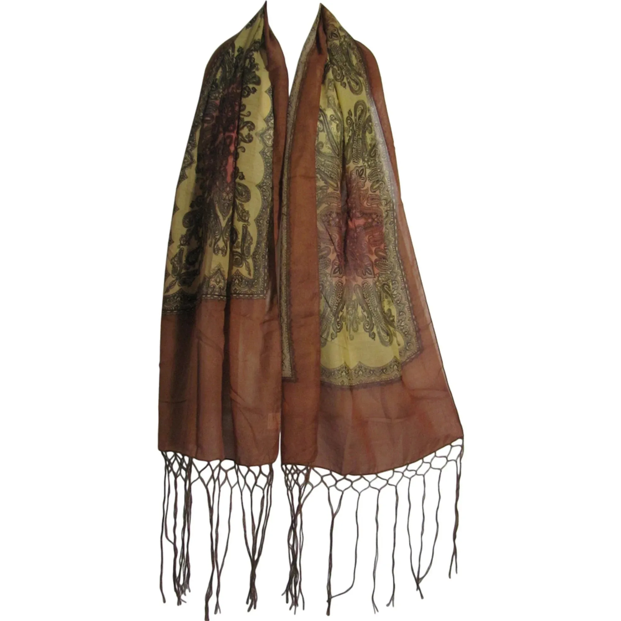 Beige & Brown Tie-Dye Paisley Fringed Long boho Fashion Scarf Stole JK75