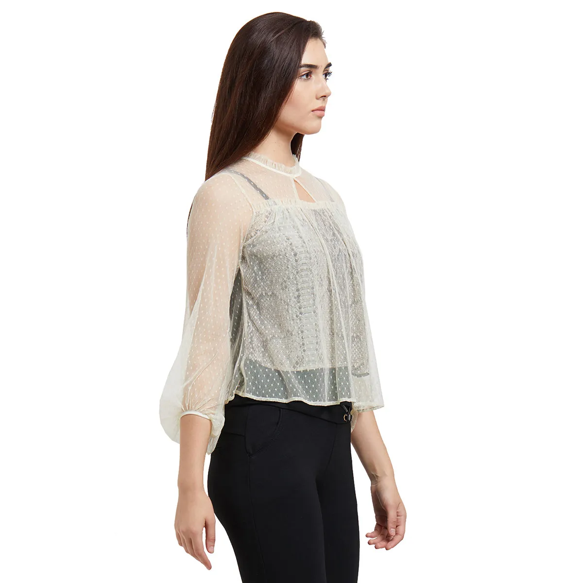 Beige Self Design Top With Full Sleeves