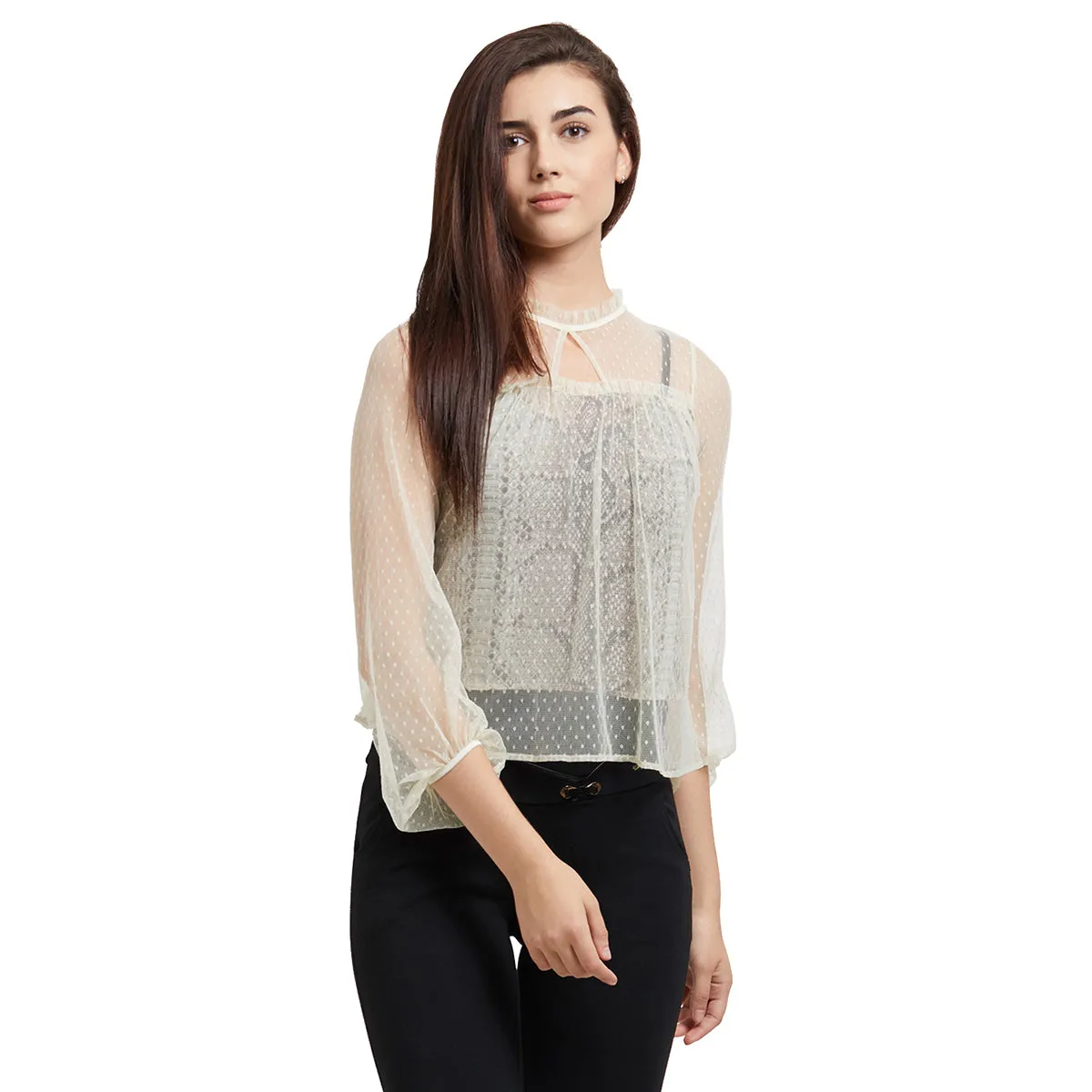 Beige Self Design Top With Full Sleeves