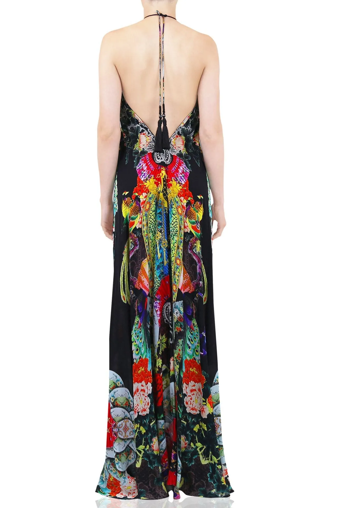 Bird Print Long Black Maxi Dress