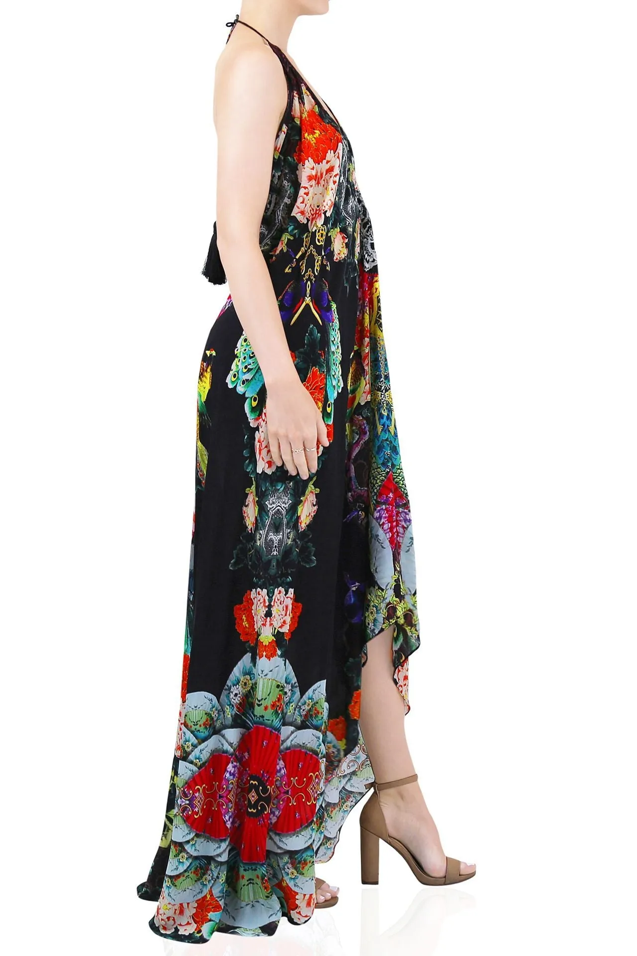 Bird Print Long Black Maxi Dress