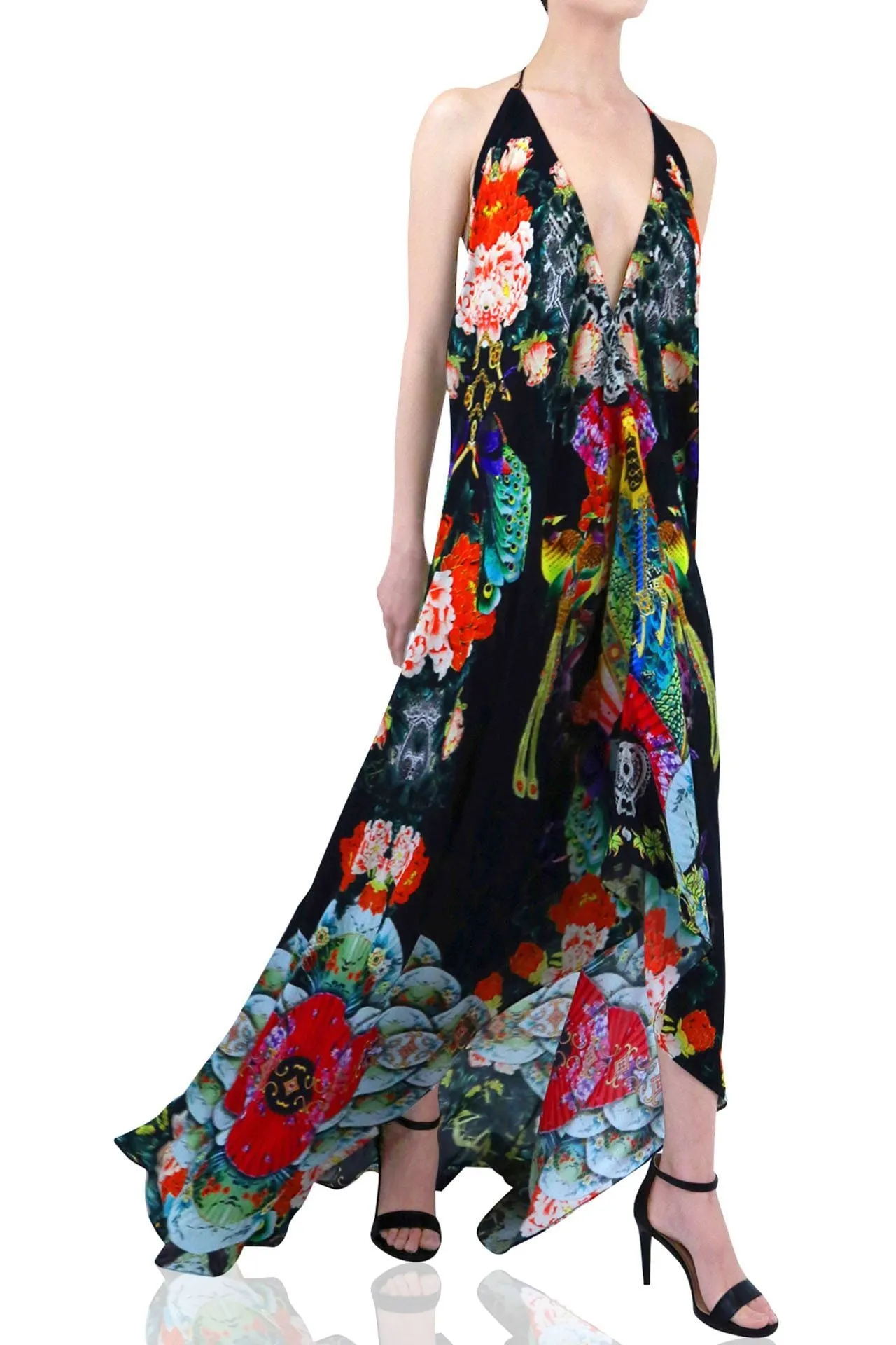 Bird Print Long Black Maxi Dress