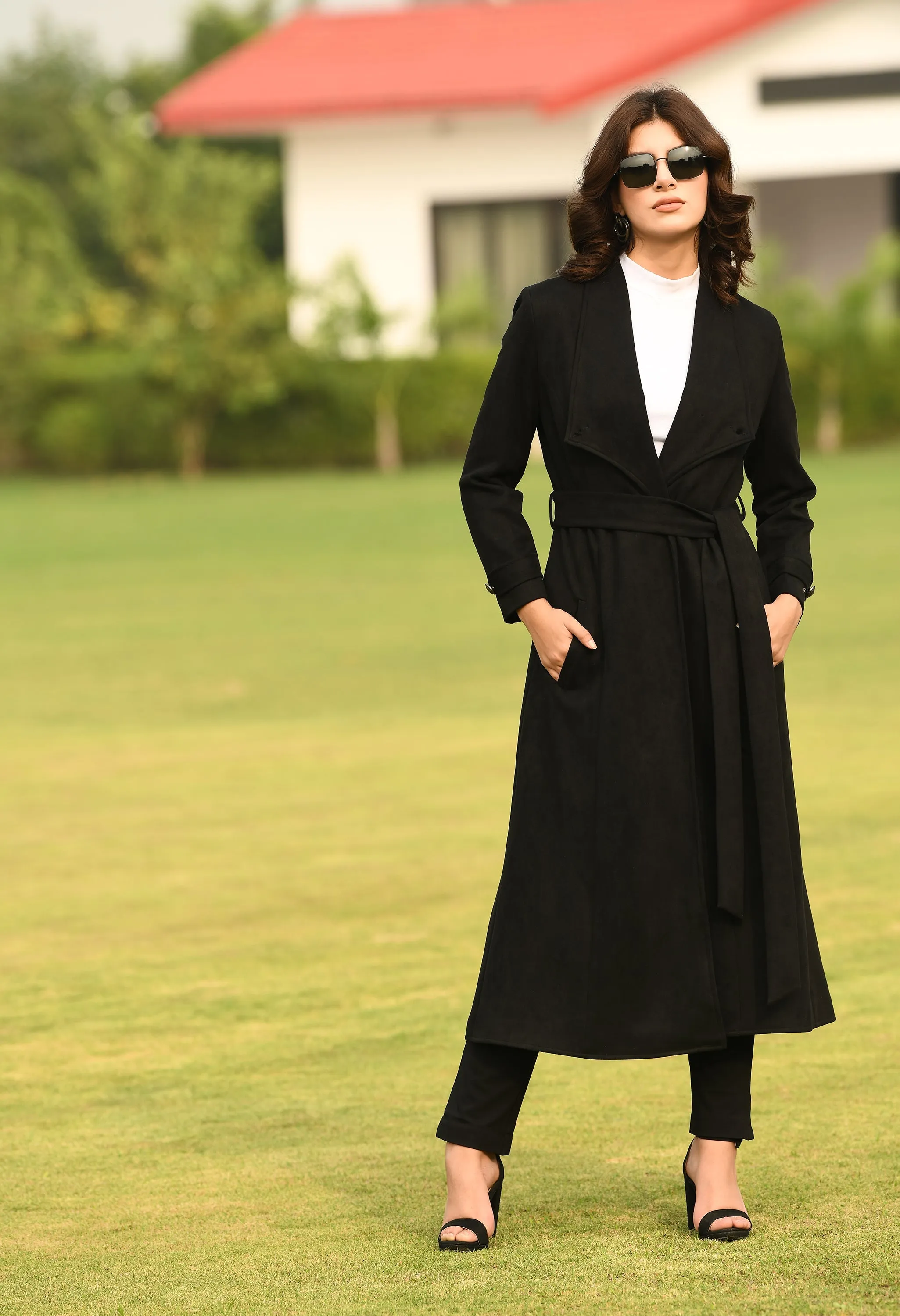 Black Cotton Blend Dedication Suede Leather Long Wrap Coat