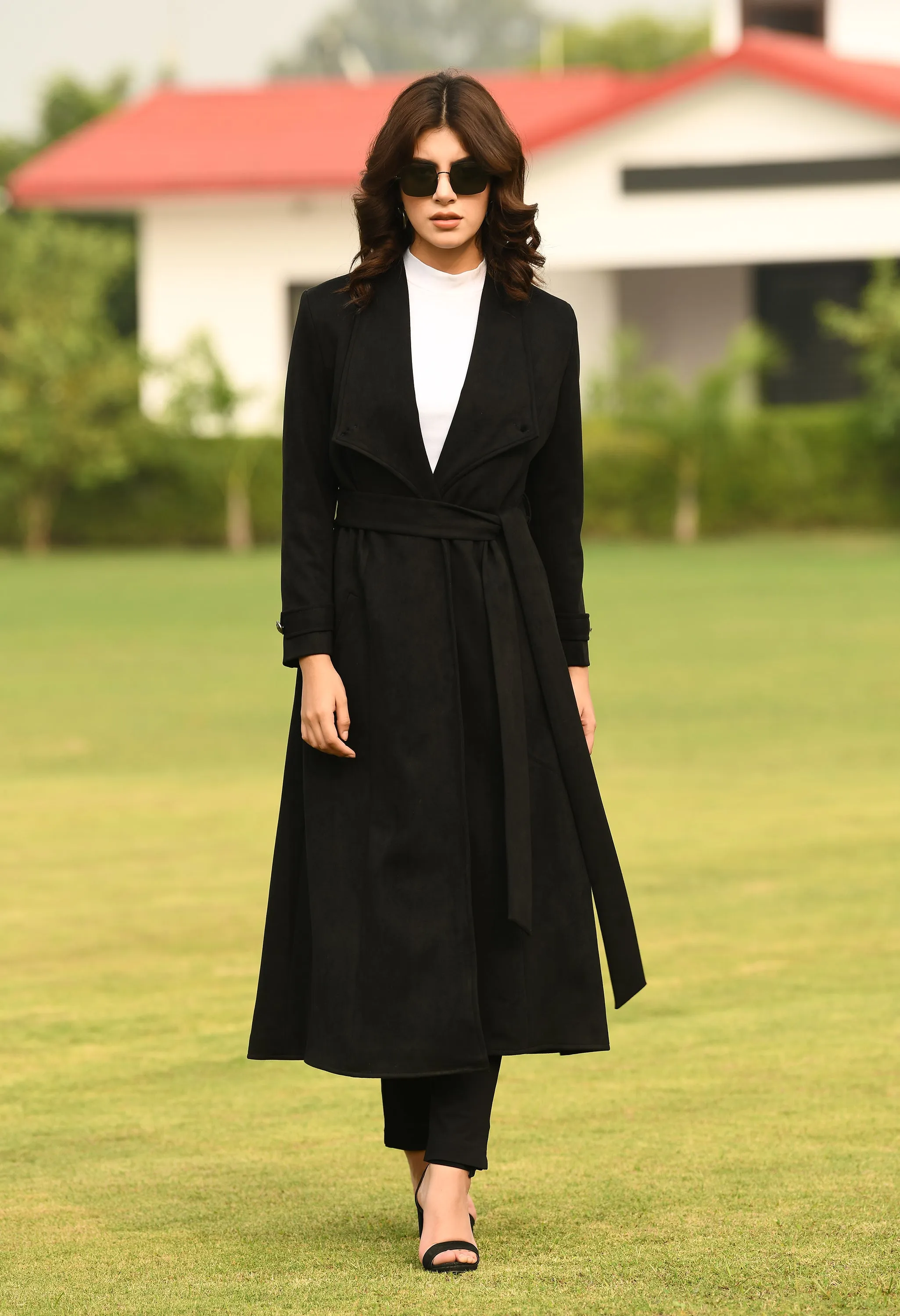 Black Cotton Blend Dedication Suede Leather Long Wrap Coat