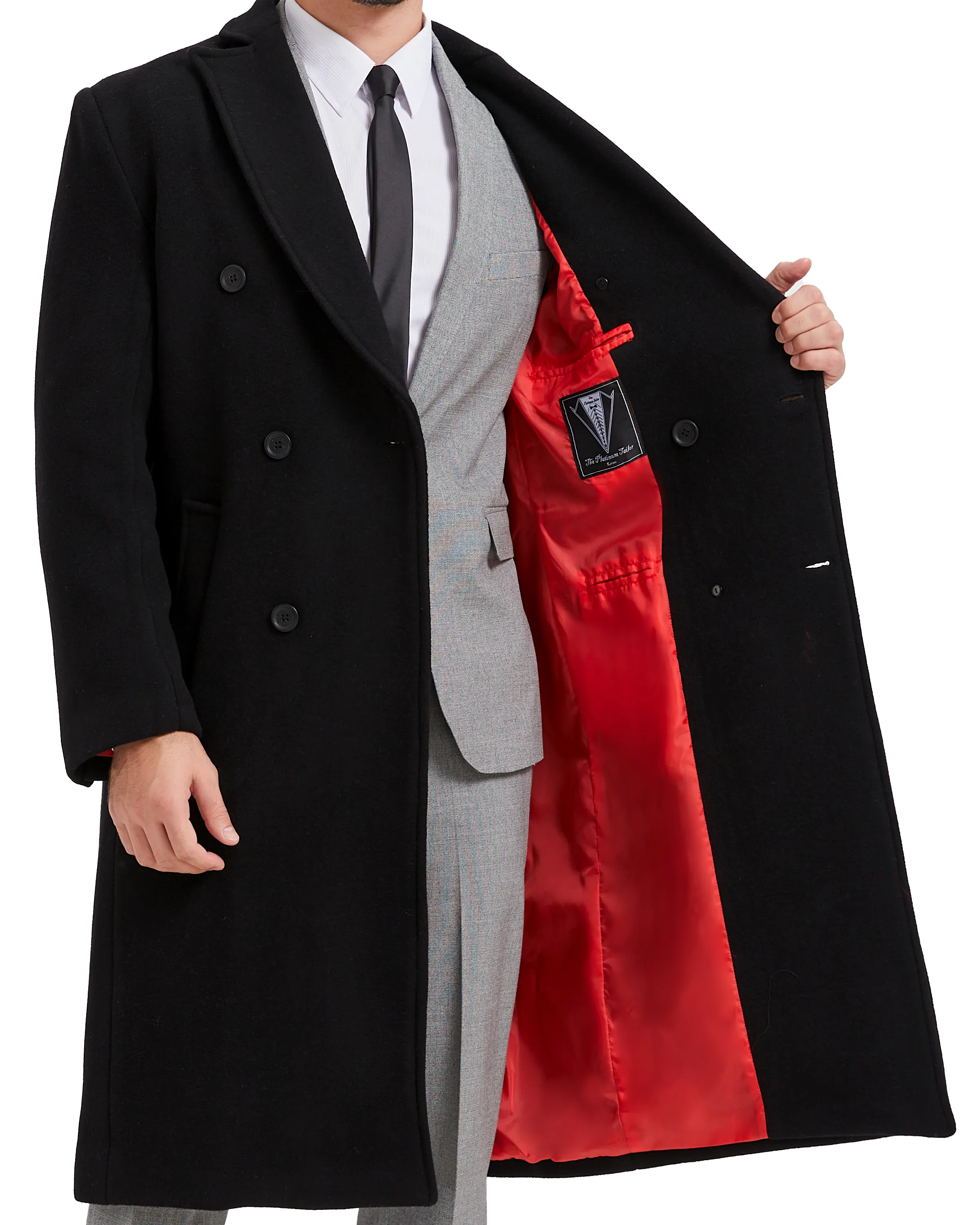 Black Double Breasted Wool Cashmere Long Overcoat Red Lining