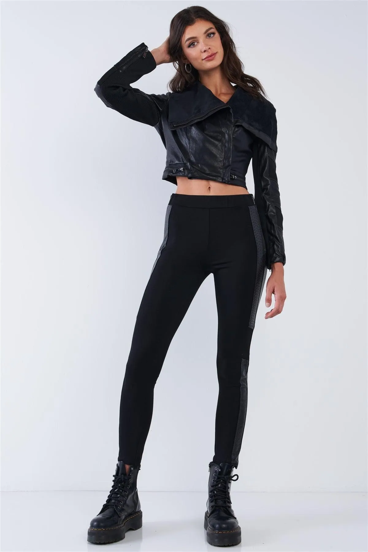 Black Vegan Leather Structured Oblique Front Zipper Double Sided Suede Lapel Collar Cropped Jacket /2-2-2