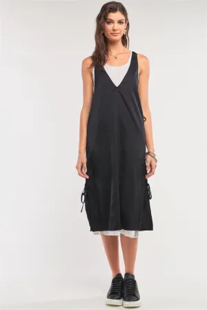 Black&White Satin Sleeveless Two-In-One Striped Mesh Self-Tie Detail Slip Midi Dress /1-2-2-1