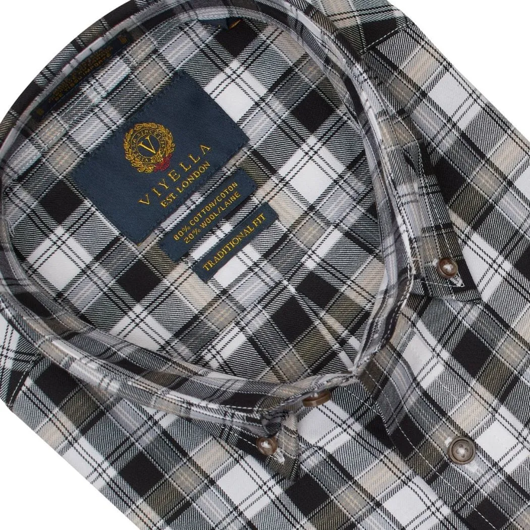 Black/Beige/Off-White Plaid Men's Long Sleeve Button Down Shirts