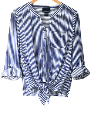 Bright Winter Blue and White Stripe Roll Sleeve Tie-Front Shirt