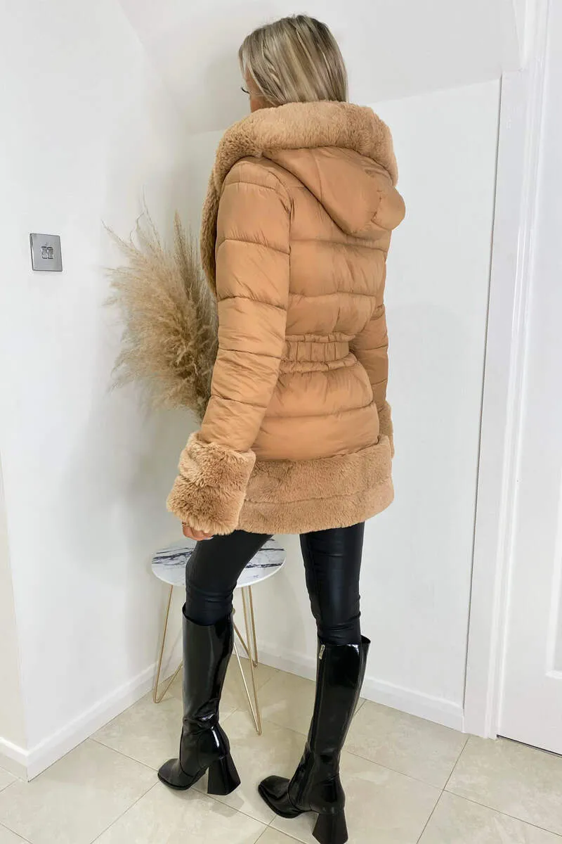 Camel Faux Fur Trim Belted Jacket