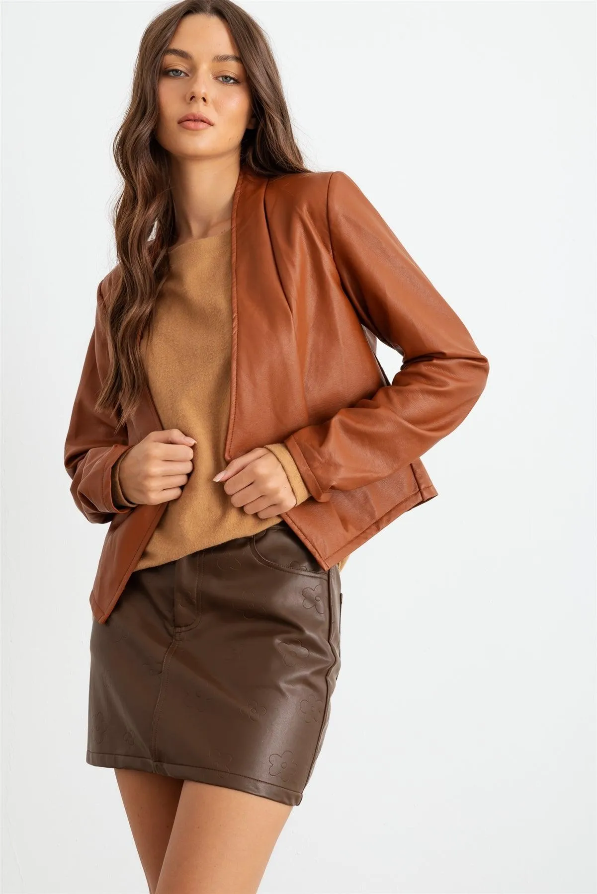 Caramel Faux Leather Ruched Long Sleeve Open Front Jacket /2-2-2