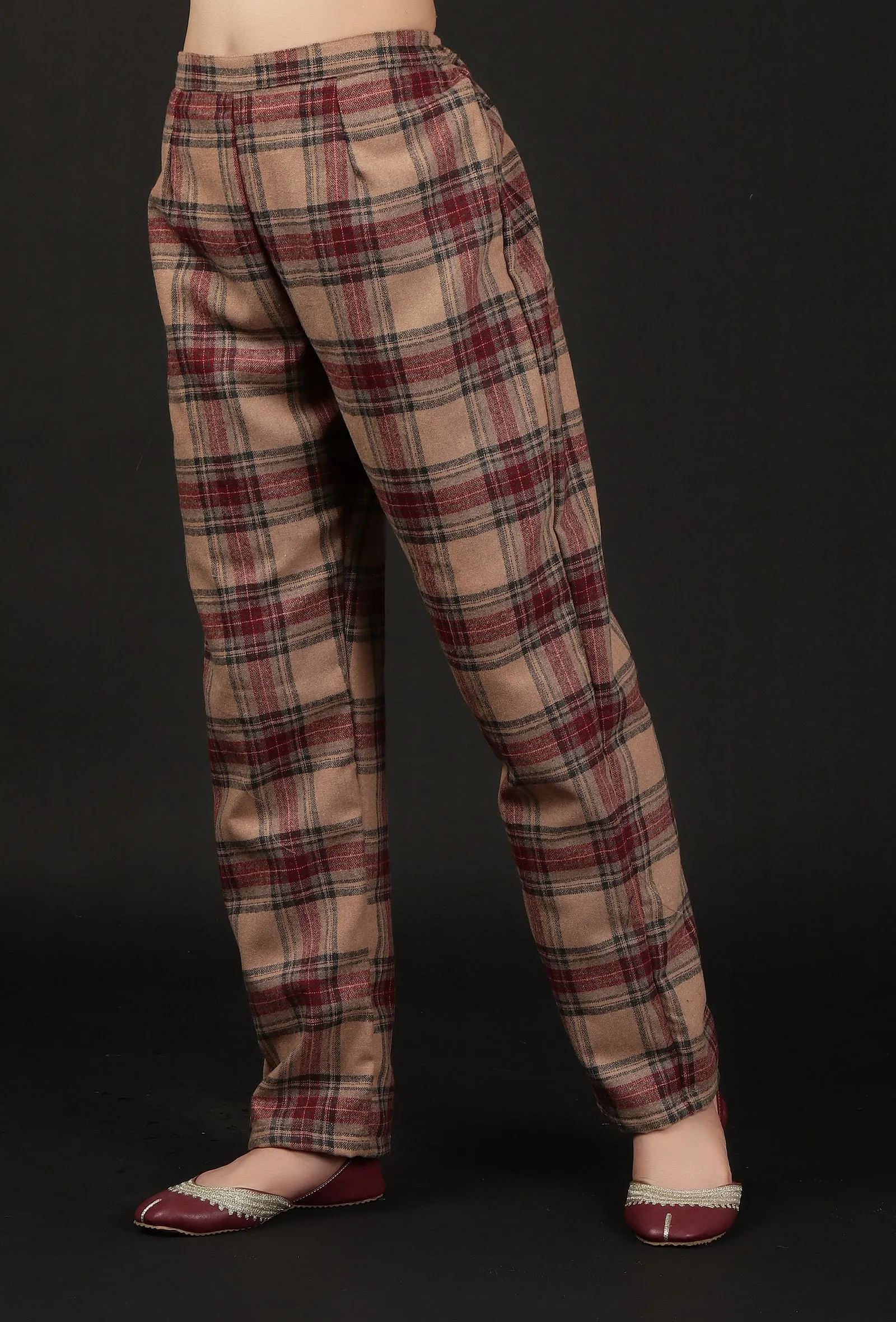 Chestnut Brown Woven Tartan Checks Woolen Straight Pants