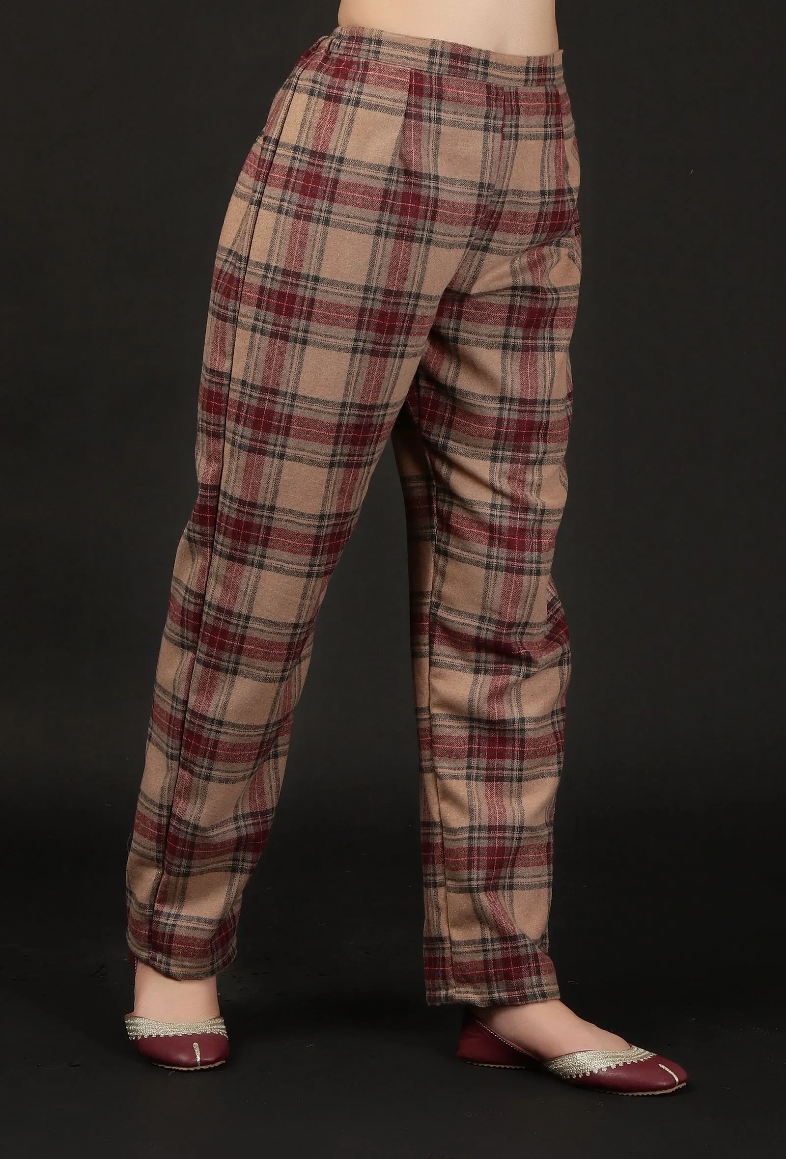 Chestnut Brown Woven Tartan Checks Woolen Straight Pants