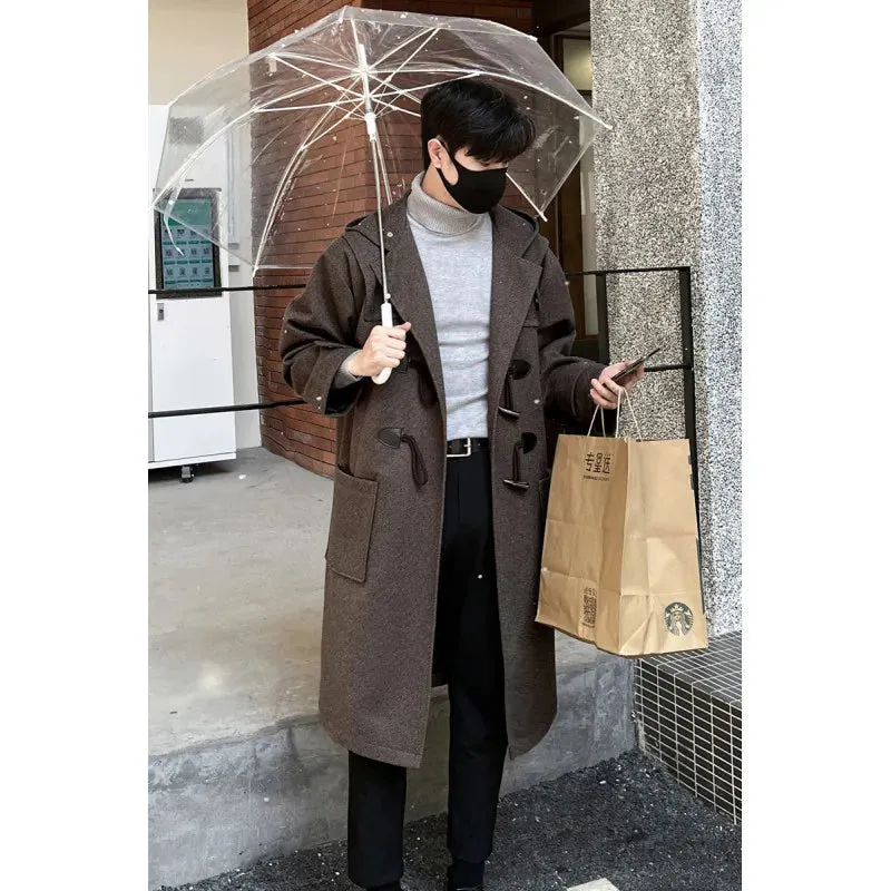 Chicmy-Korean-style Woolen Trench Men Horn Button Casual Long Windbreaker Winter Hooded Jacket Coats Fashion Trenchcoat