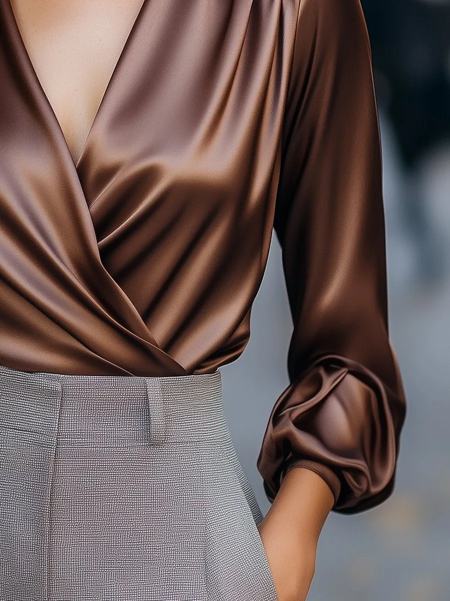 Chocolate Brown Satin Wrap Blouse