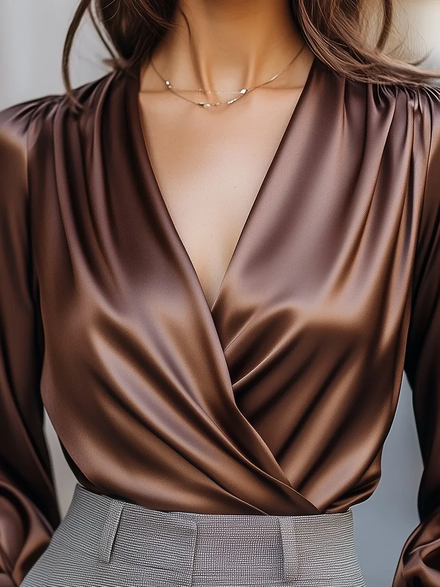 Chocolate Brown Satin Wrap Blouse