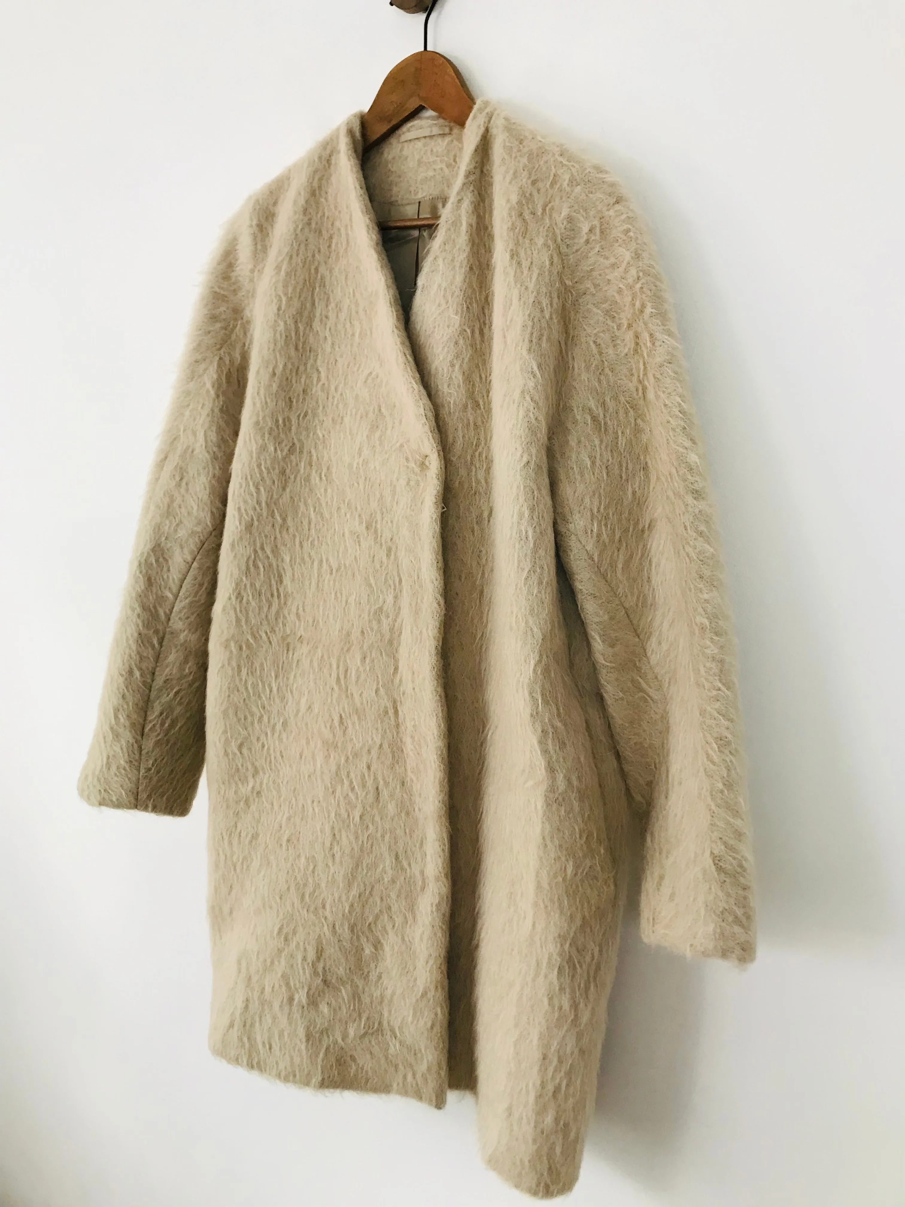 Cos Women's Faux Fur Collarless Overcoat Coat | 38 UK12 | Beige