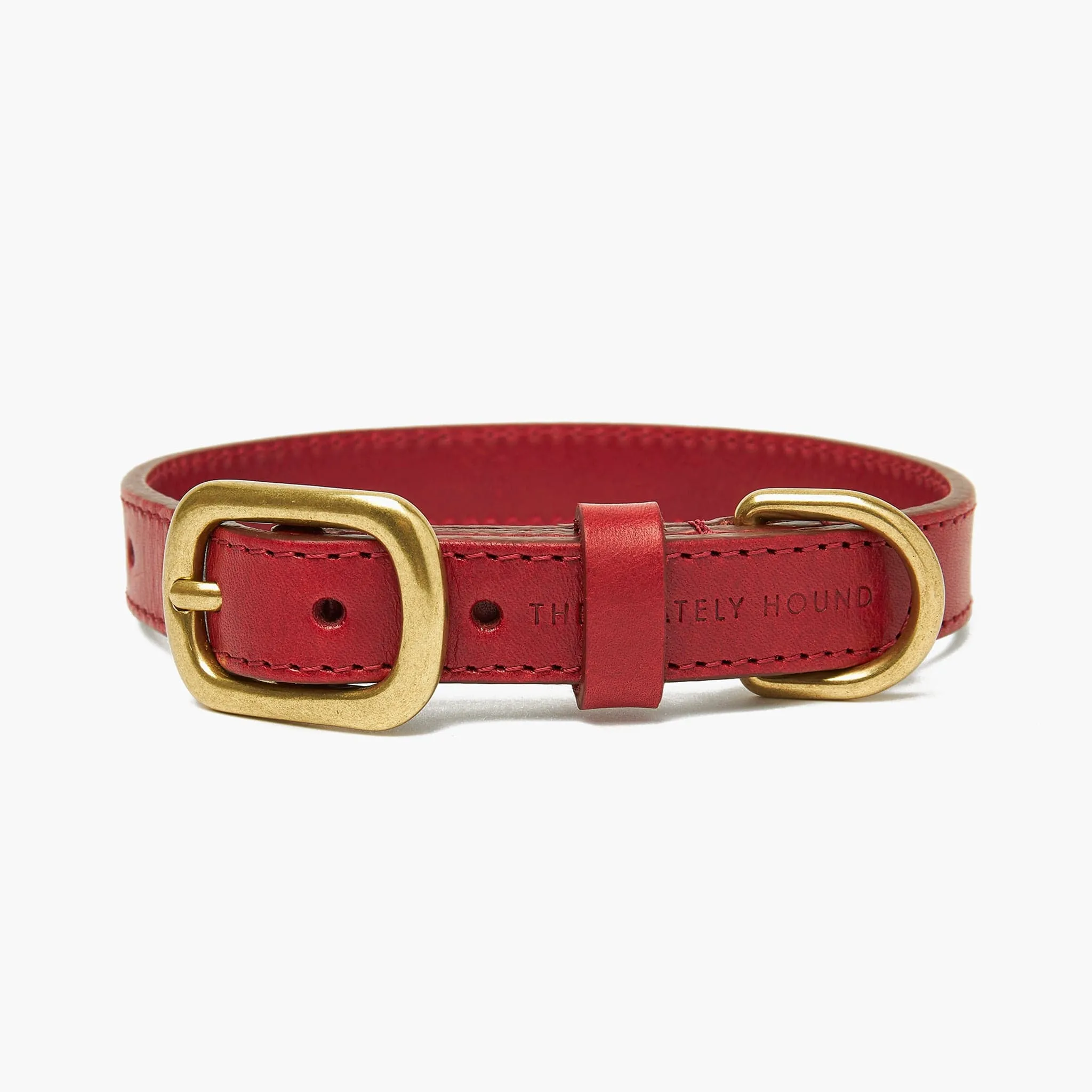 Crimson Red Leather Dog Collar & Lead Set with Gold Hardware