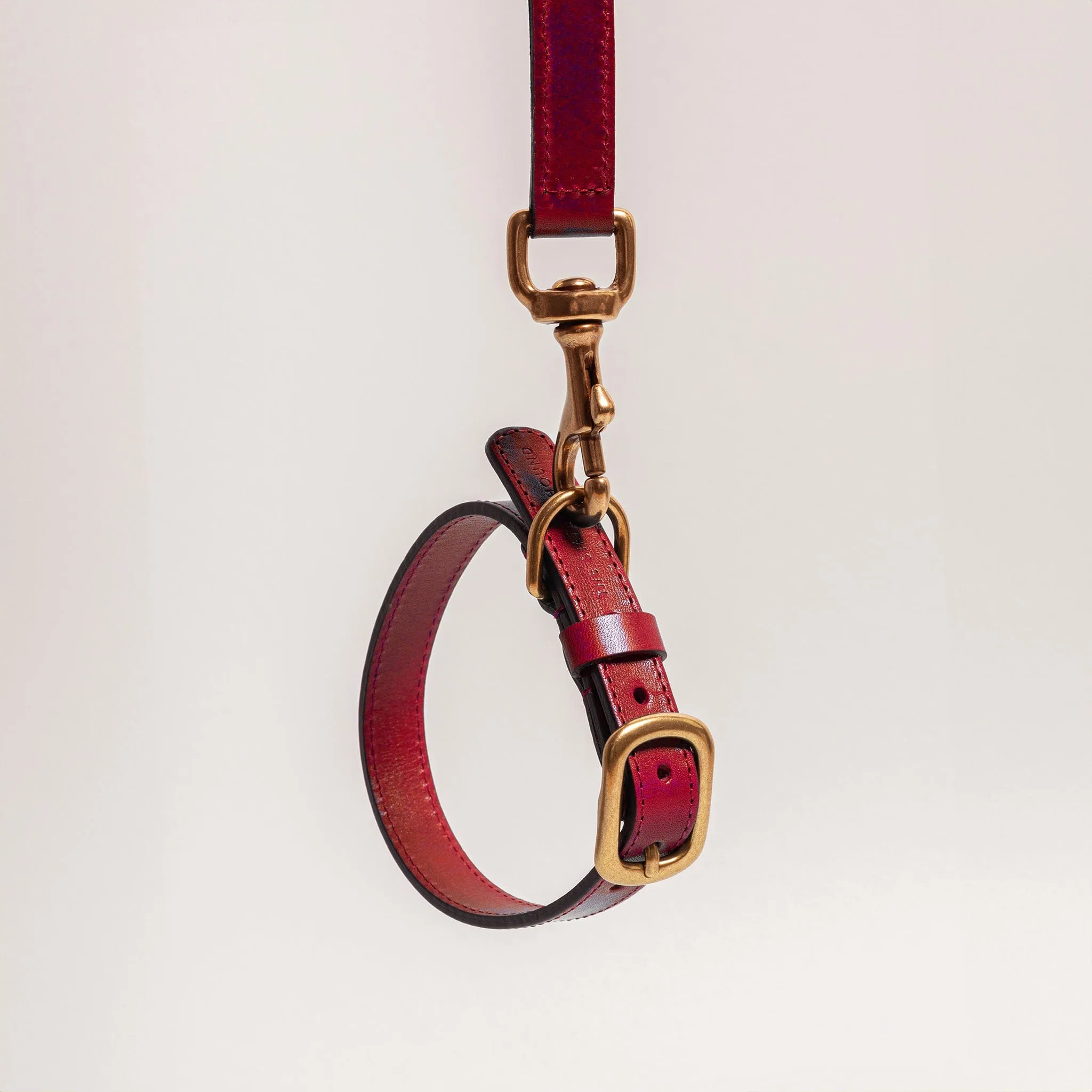 Crimson Red Leather Dog Collar & Lead Set with Gold Hardware