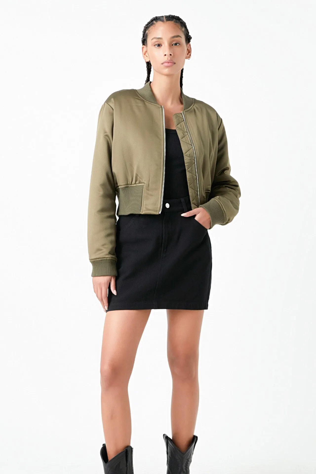 Cropped Satin Effect Bomber Jacket