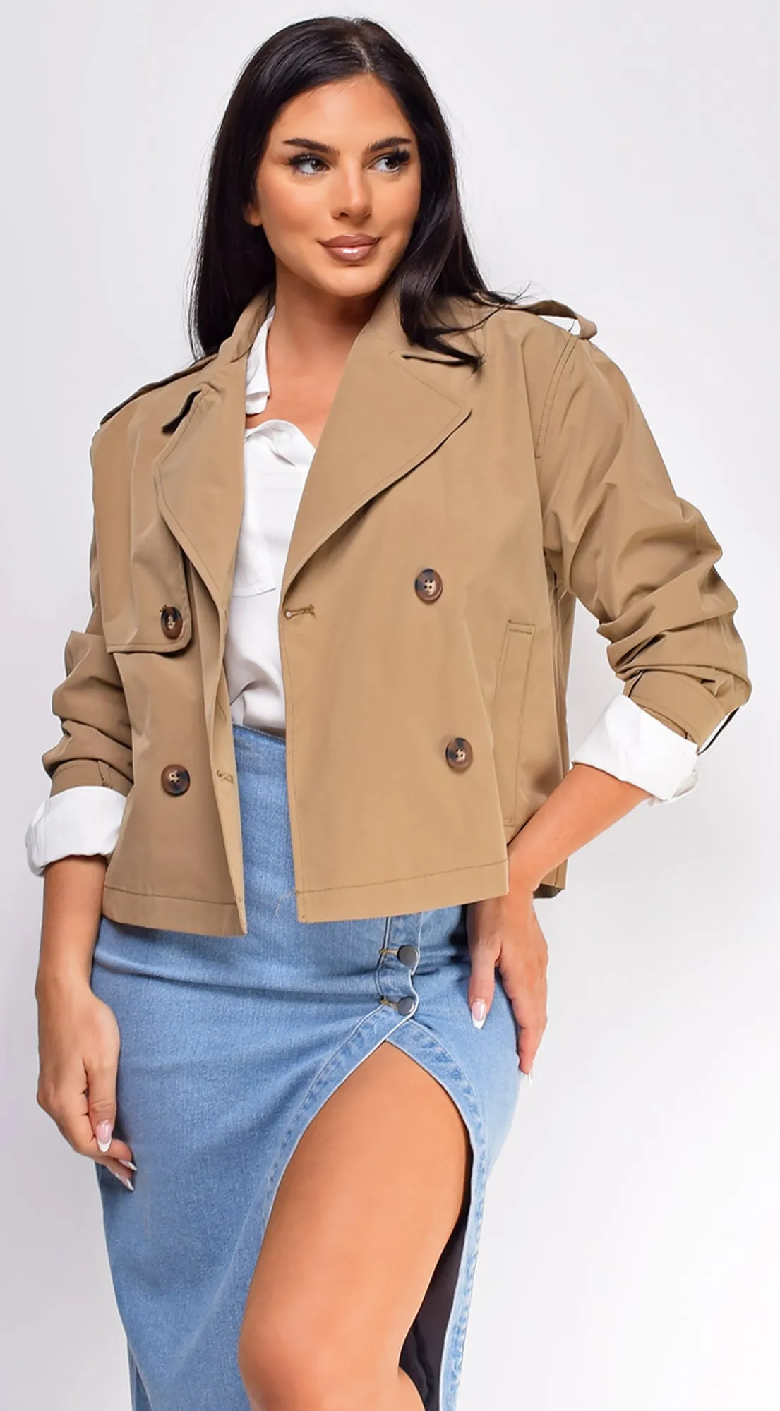 Devin Cropped Trench Jacket - Beige