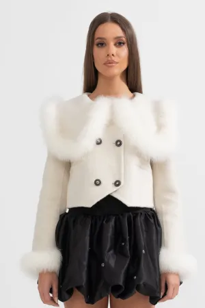 Double Breasted Cropped Jacket With Fur Collar Embellishment - White