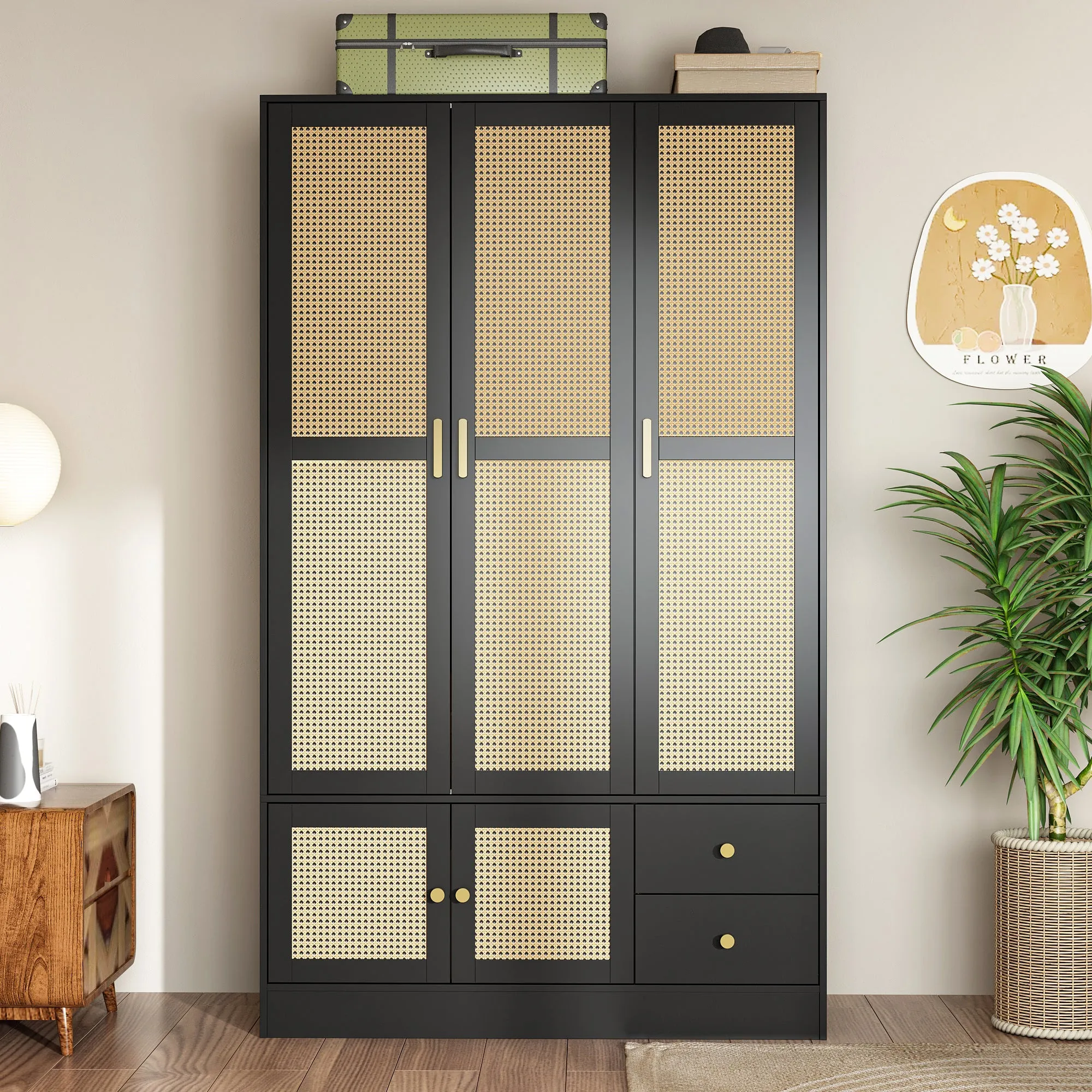 Elegant Wardrobe and Armoire with Rattan Accents