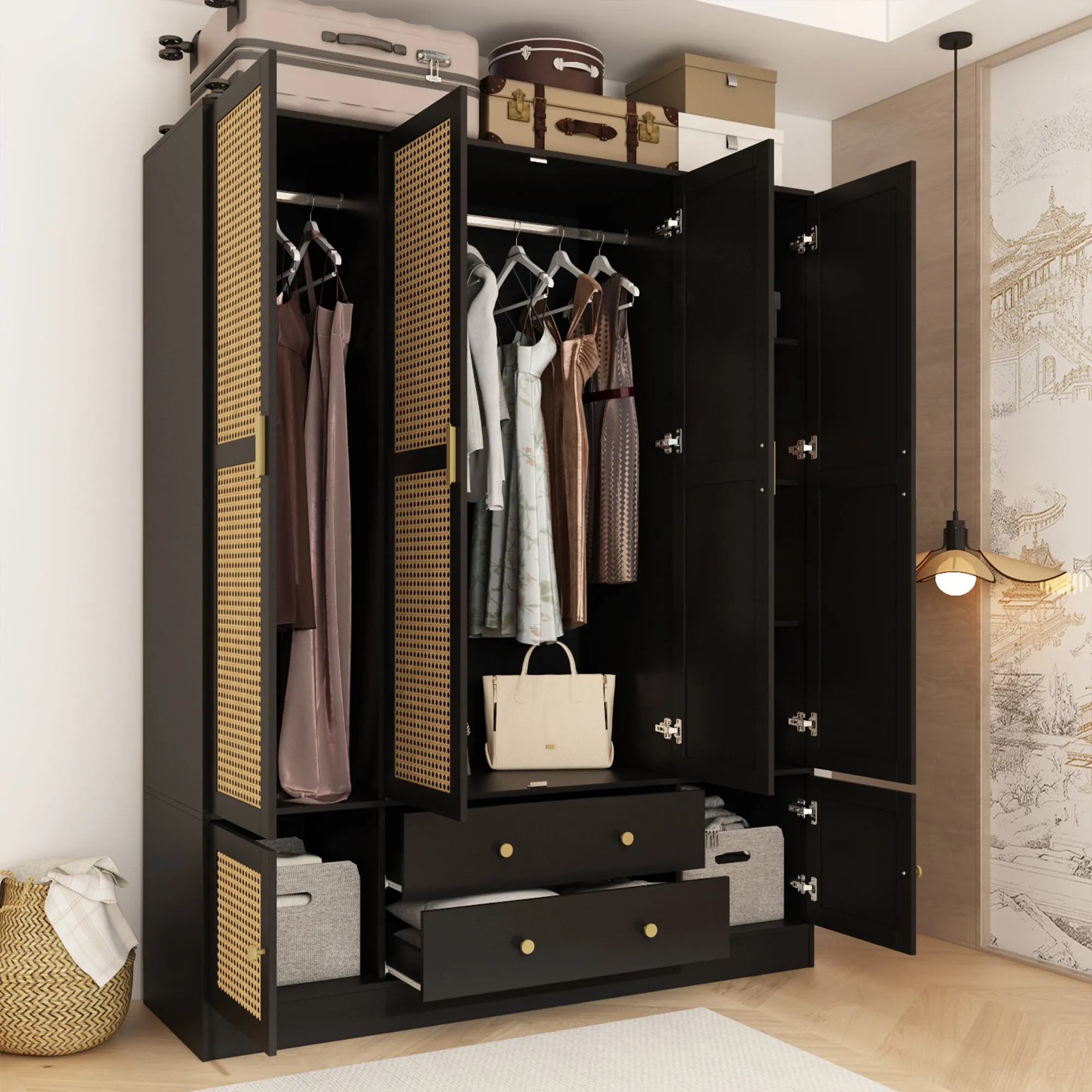 Elegant Wardrobe and Armoire with Rattan Accents