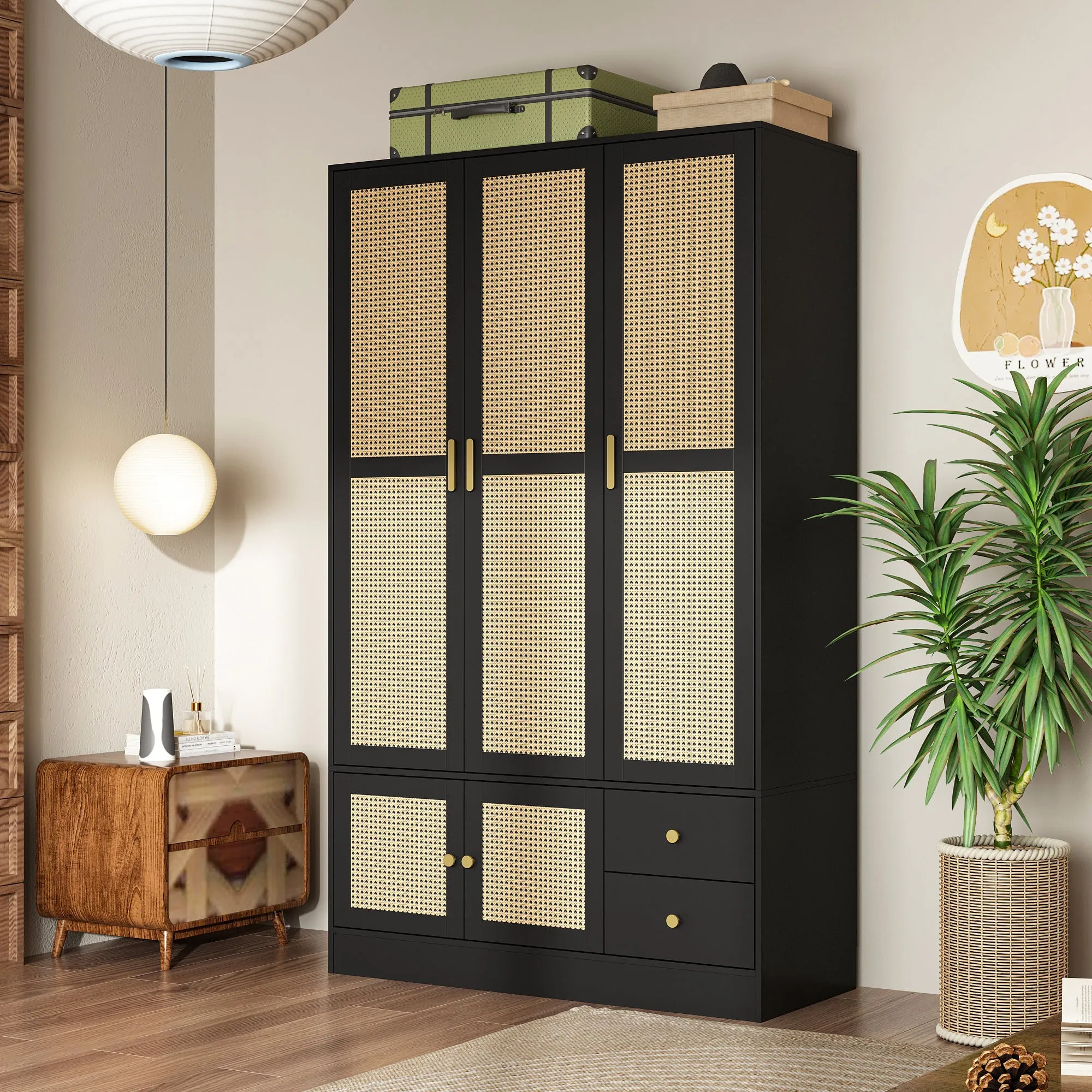 Elegant Wardrobe and Armoire with Rattan Accents