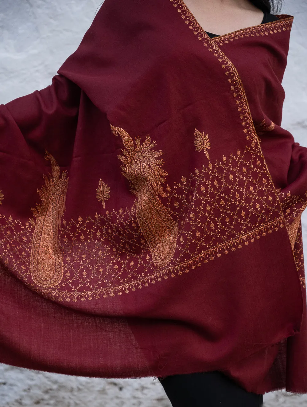 Exclusive, Fine Hand Embroidered Kashmiri Shawl - Dark Red Ornate