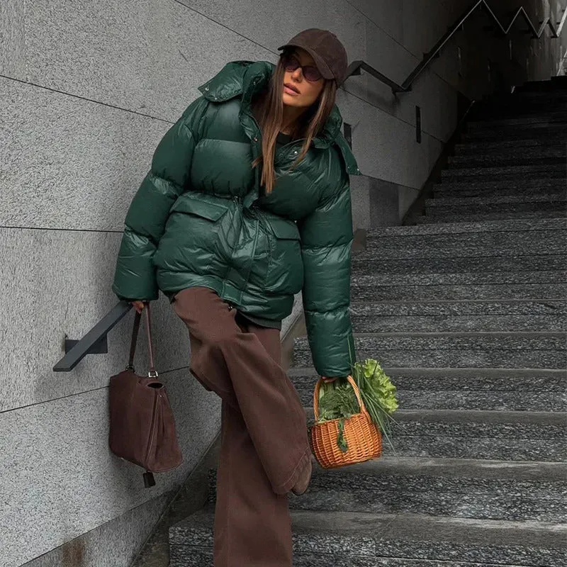 Fashion Brown Hooded Drawstring Thicken Cotton Jacket Women Elegant Long Sleeve Pocket Quilted Coat New Casual Commute Outerwear