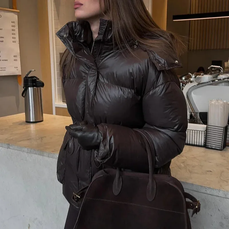 Fashion Brown Hooded Drawstring Thicken Cotton Jacket Women Elegant Long Sleeve Pocket Quilted Coat New Casual Commute Outerwear