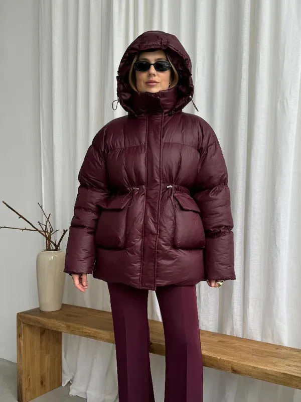 Fashion Brown Hooded Drawstring Thicken Cotton Jacket Women Elegant Long Sleeve Pocket Quilted Coat New Casual Commute Outerwear