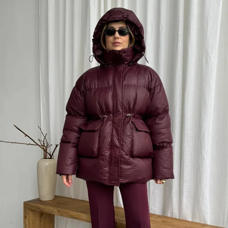 Fashion Brown Hooded Drawstring Thicken Cotton Jacket Women Elegant Long Sleeve Pocket Quilted Coat New Casual Commute Outerwear