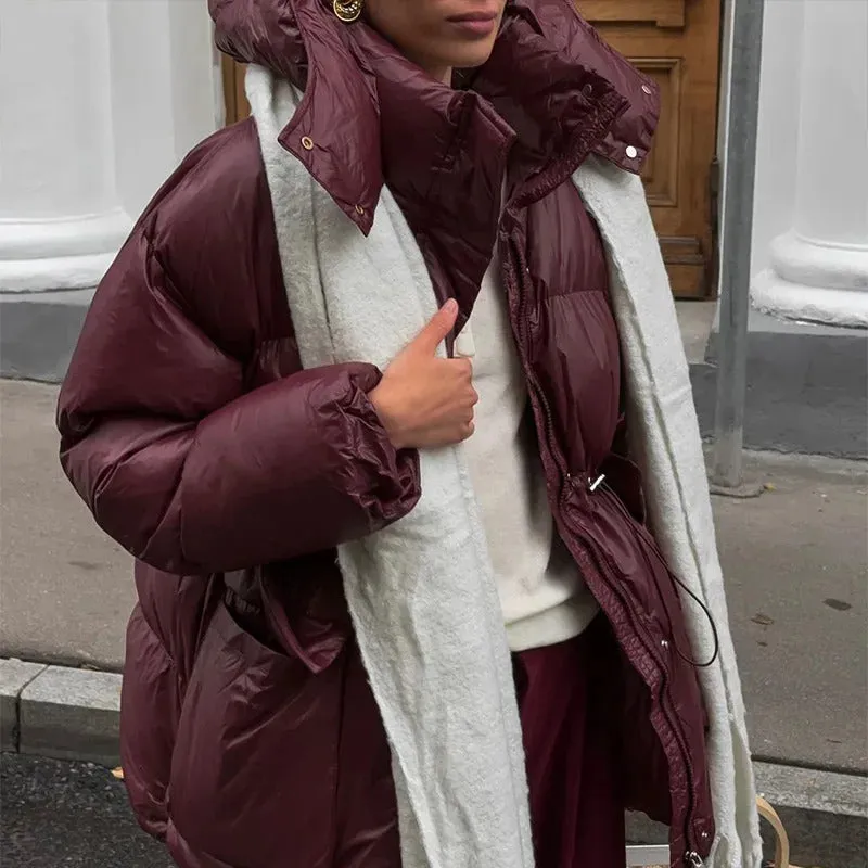 Fashion Brown Hooded Drawstring Thicken Cotton Jacket Women Elegant Long Sleeve Pocket Quilted Coat New Casual Commute Outerwear