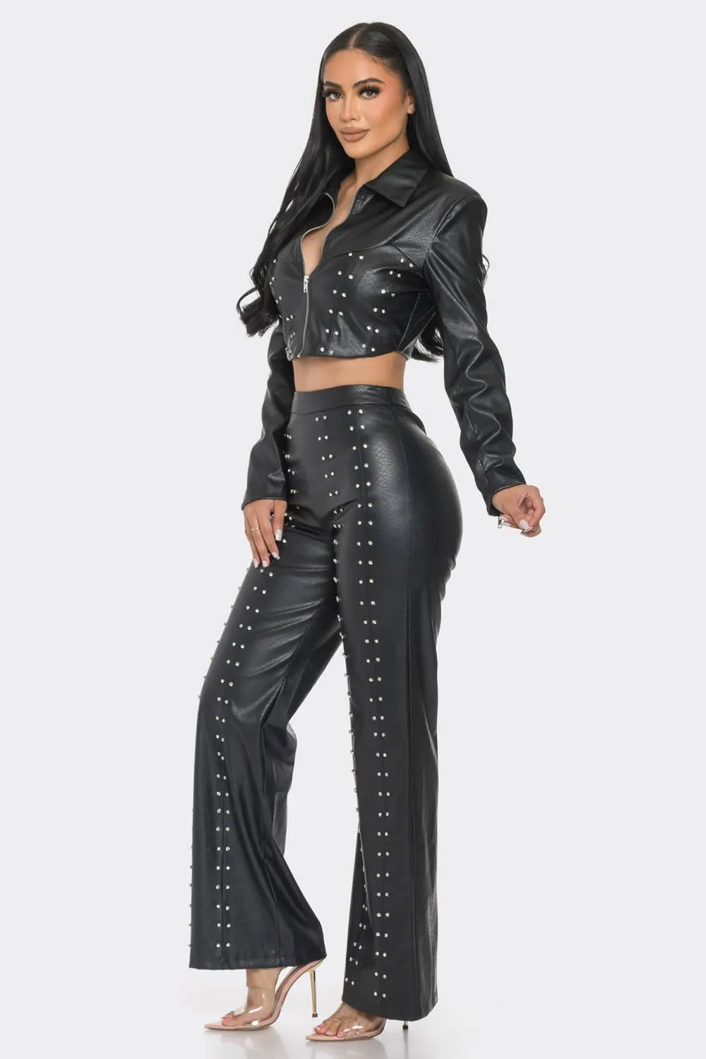 FAUX LEATHER SET WITH RHINESTONE  DETAIL