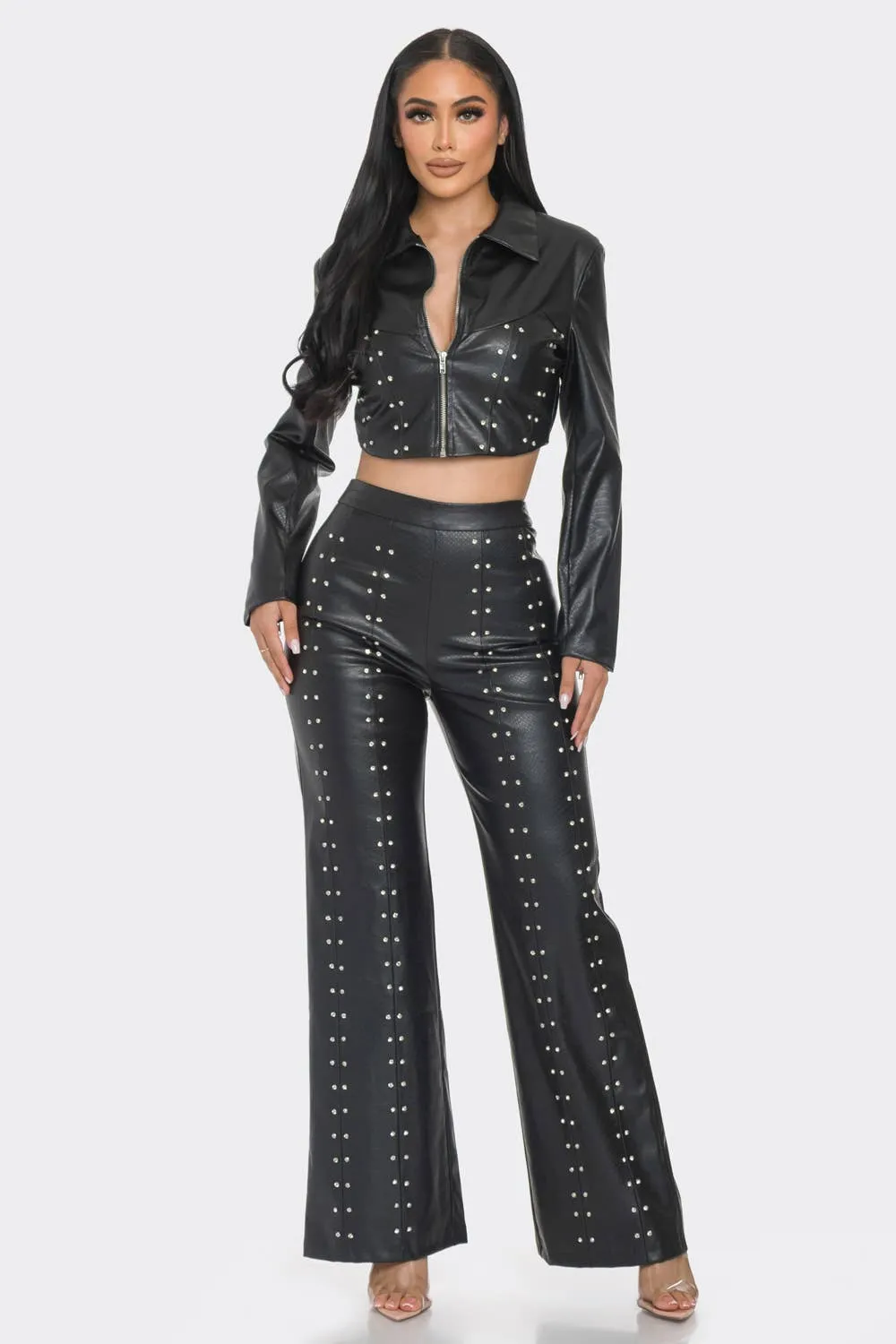 FAUX LEATHER SET WITH RHINESTONE  DETAIL