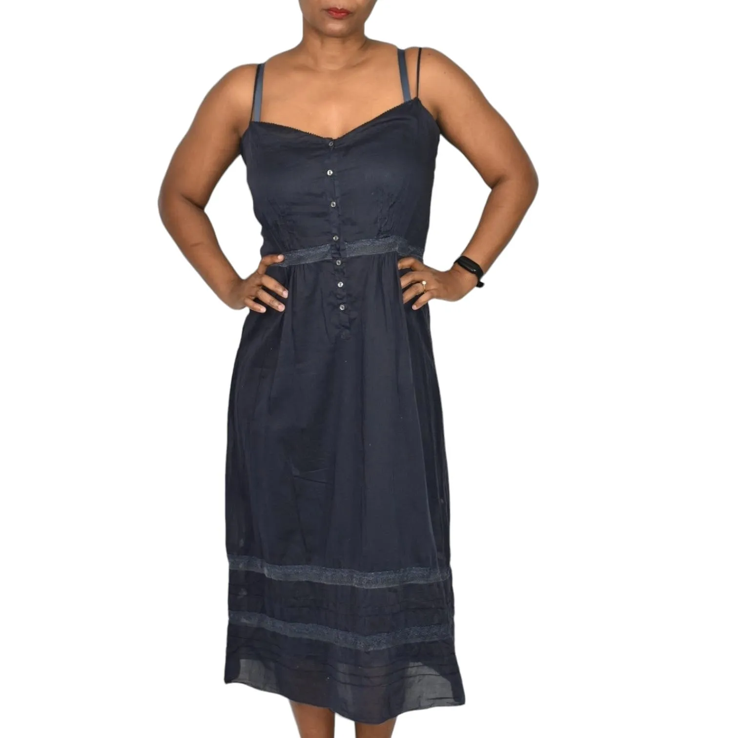 Forte Forte Midi Dress Blue Navy Cotton Voile Sheer Spaghetti Strap Lace Pinafore Size Medium